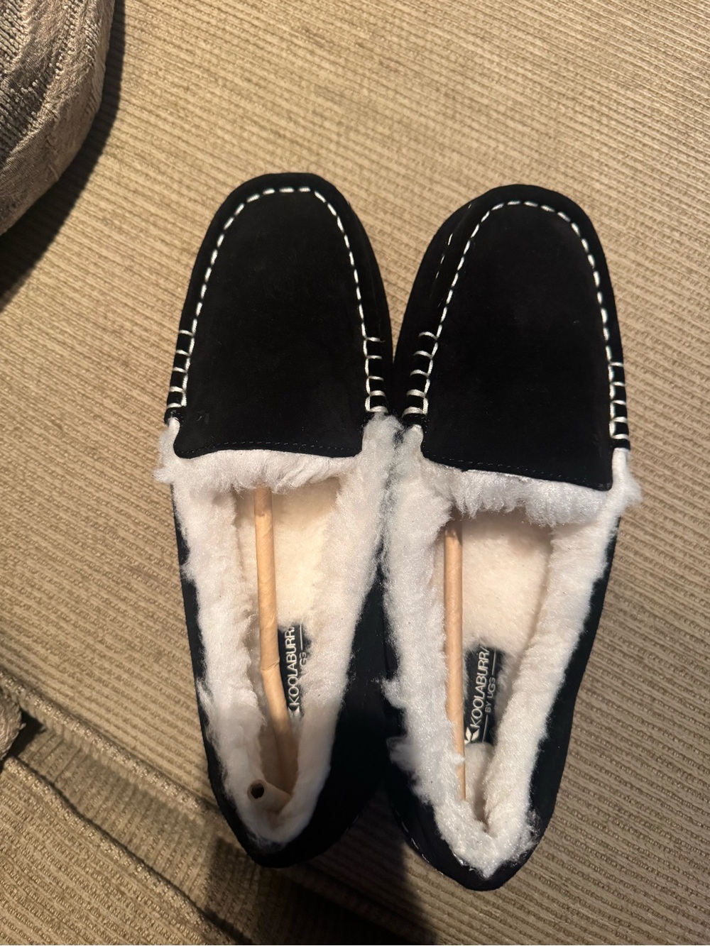 Koolaburra Black Suede Moccasin Slippers with White Shearling